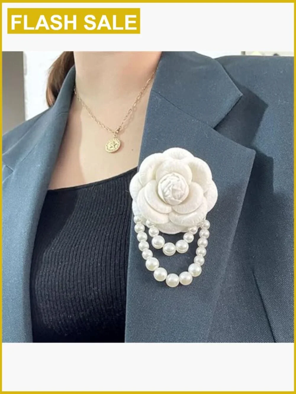Vintage Camellia Flower Brooch Pin with Pearl Tassel - Wool Lapel Hair Accessory